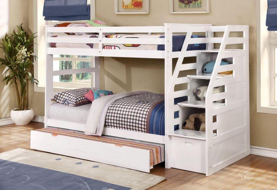 Twin over twin white bunk with stairs and trundle unit